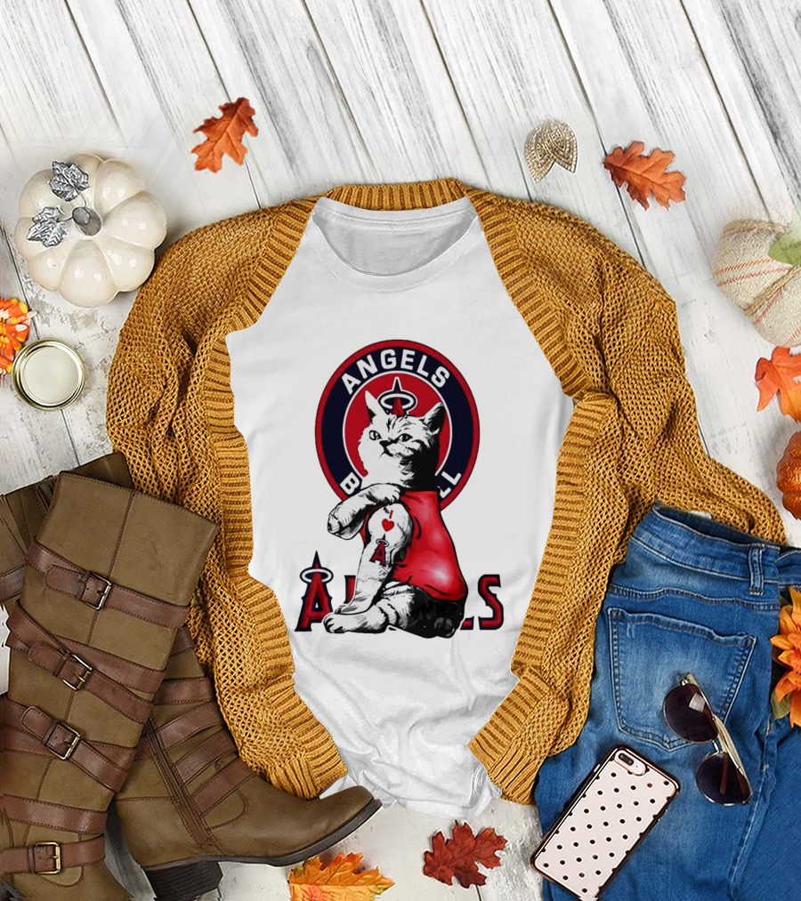 Tattoo Cat Los Angeles Angels Baseball Logo I Love Angels T-Shirt