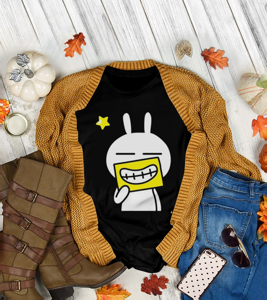 Tuzki Holding Fake Smile Cartoon Character with Star T-Shirt