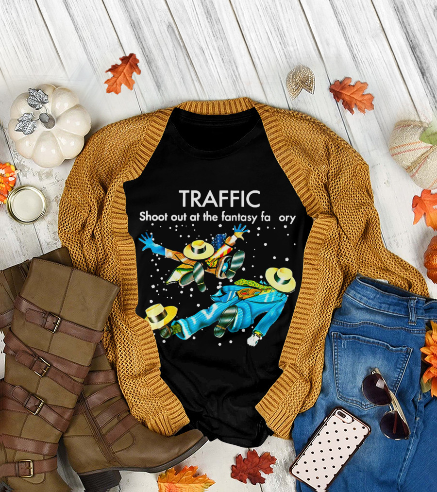 TRAFFIC Shoot Out at the Fantasy Factory with Flying Figures and Hats T-Shirt