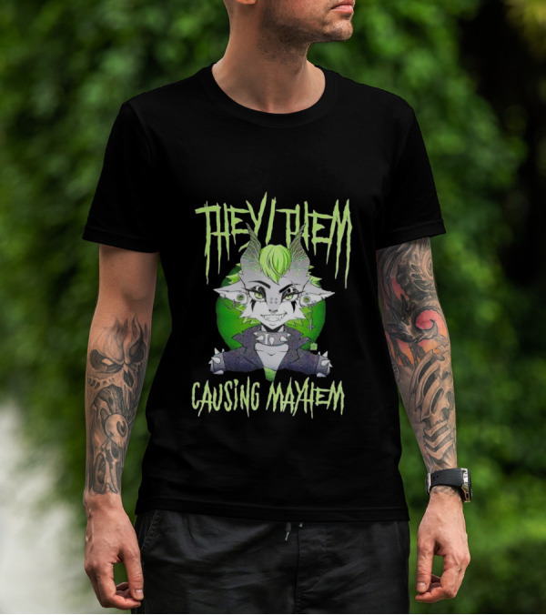 They Them Causing Mayhem Punk Monster Character With Green Hair And Spikes T-Shirt