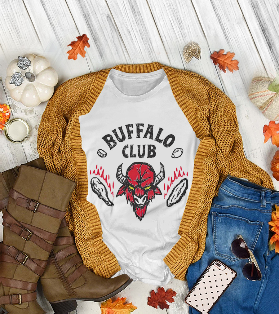 Buffalo Club Red Fiery Horned Beast with Footballs and Wings T-Shirt