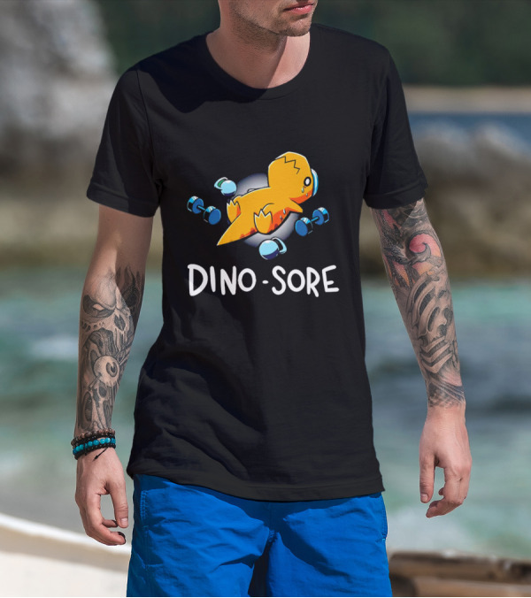 Elspeth Eastman Dino Sore Cute Tired Dinosaur With Weights T-Shirt