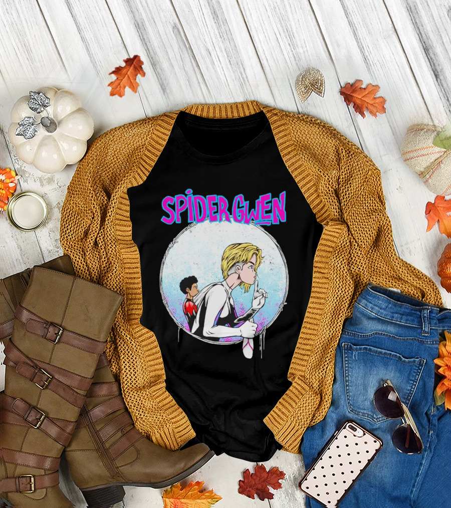 Spider-Gwen Silence Gesture with Spider Emblem Background T-Shirt
