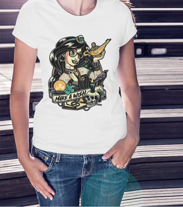 Jasmine Princess Aladdin Make A Wish Tattoo Style With Skull And Lamp T-Shirt
