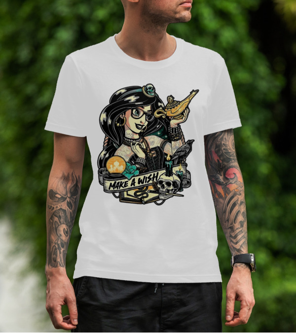 Jasmine Princess Aladdin Make A Wish Tattoo Style With Skull And Lamp T-Shirt