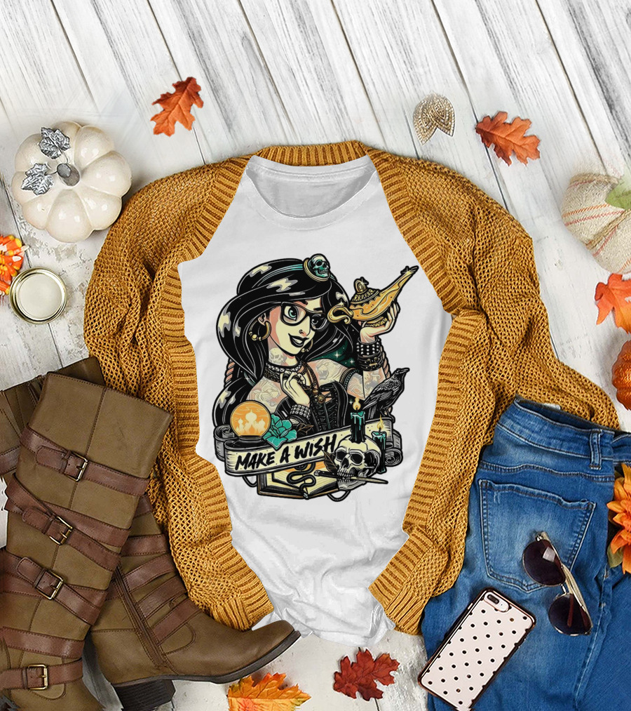 Jasmine Princess Aladdin Make a Wish Tattoo Style with Skull and Lamp T-Shirt