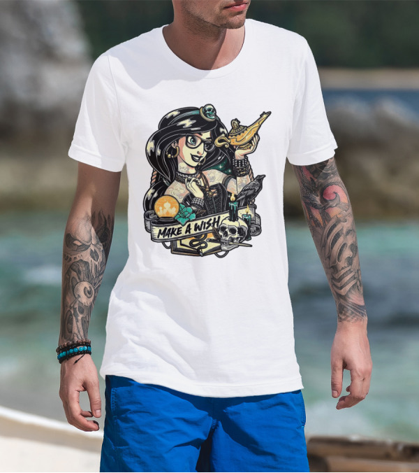 Jasmine Princess Aladdin Make A Wish Tattoo Style With Skull And Lamp T-Shirt