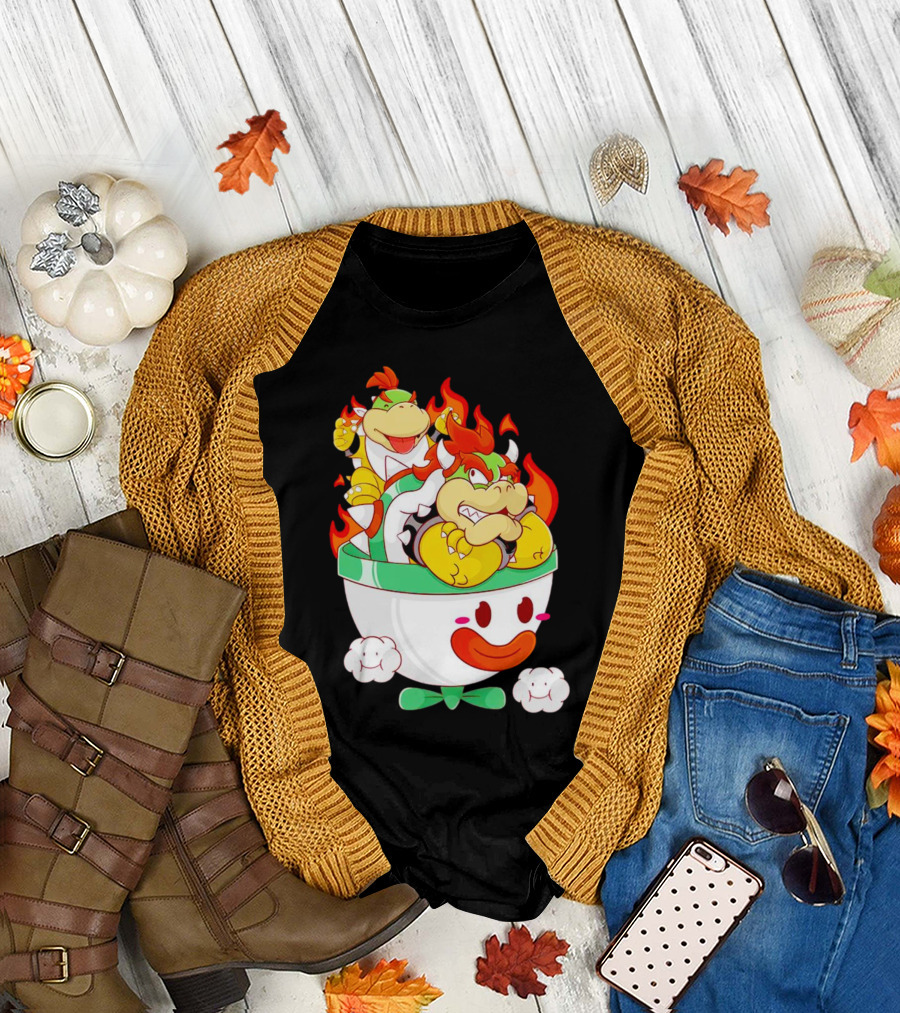 Bowser and Bowser Jr. Father and Son in Clown Car with Flames T-Shirt