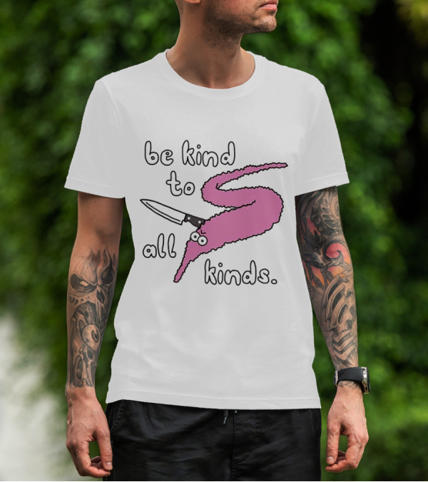 Be Kind To All Kinds Pink Squiggle Worm With Knife T-Shirt