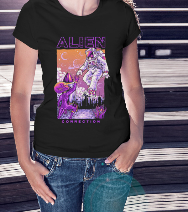 Alien And Astronaut Universal Bond Under Neon Cosmic Sky T-Shirt