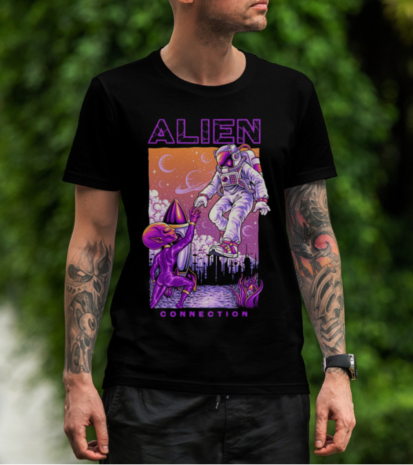 Alien And Astronaut Universal Bond Under Neon Cosmic Sky T-Shirt