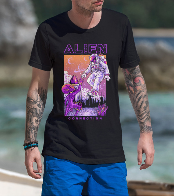 Alien And Astronaut Universal Bond Under Neon Cosmic Sky T-Shirt