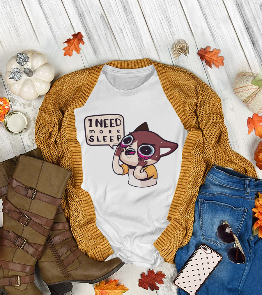 I Need More Sleep Tired Cartoon Character with Big Eyes and Pajamas T-Shirt