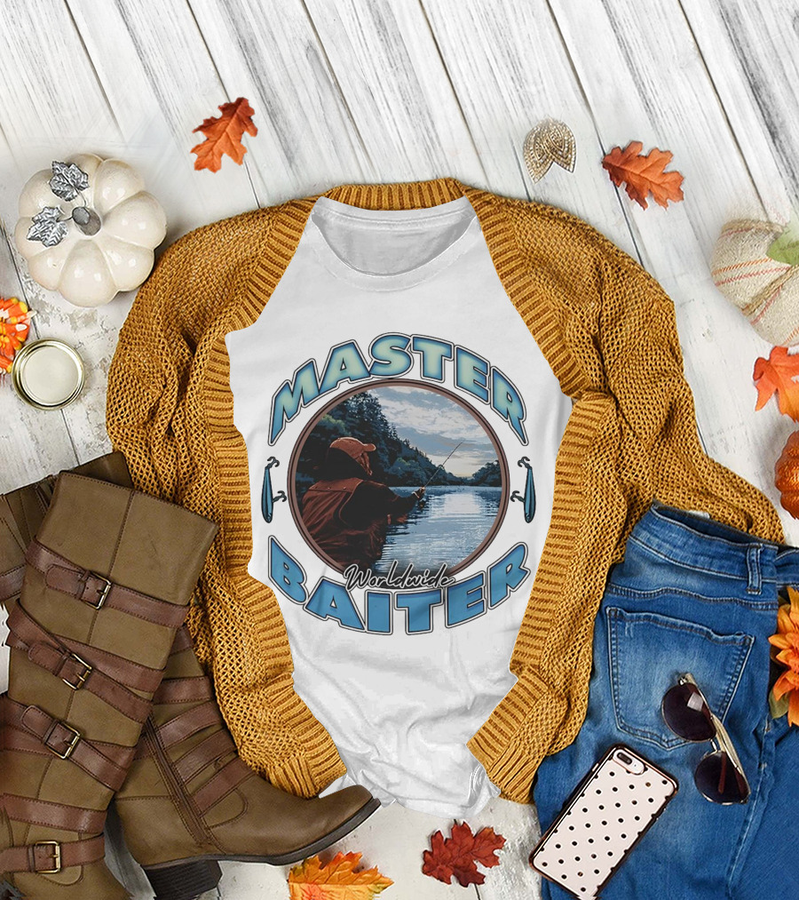 Master Baiter Worldwide Fishing Scene with Blue Text and Water Reflection T-Shirt