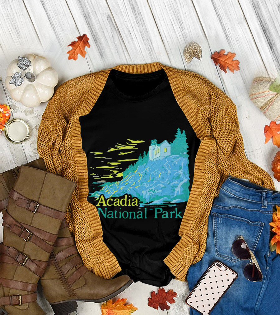 Acadia National Park Scenic Lighthouse and Rocky Cliff T-Shirt