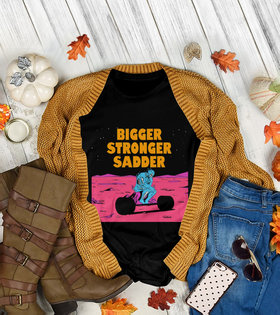 Bigger Stronger Sadder Skeleton Lifting Weights on Alien Planet T-Shirt