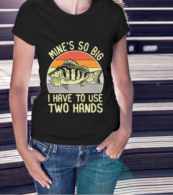 Vintage Fish Mine's So Big I Have To Use Two Hands Retro Sunset Stripes T-Shirt