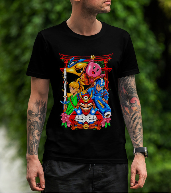 Game Heroes Showcase Pac-Man Kirby Link Mega Man Mario Collaboration T-Shirt