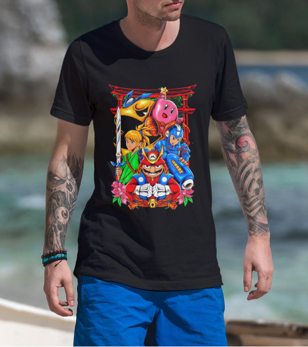 Game Heroes Showcase Pac-Man Kirby Link Mega Man Mario Collaboration T-Shirt