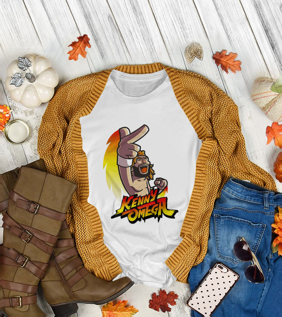 Kenny Omega Cartoon Character with Street Fighter Style Gesture and Two-Finger Pose T-Shirt