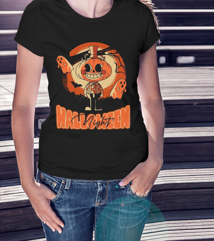 Halloween Night Pumpkin Head Boy With Ghosts And Bats T-Shirt