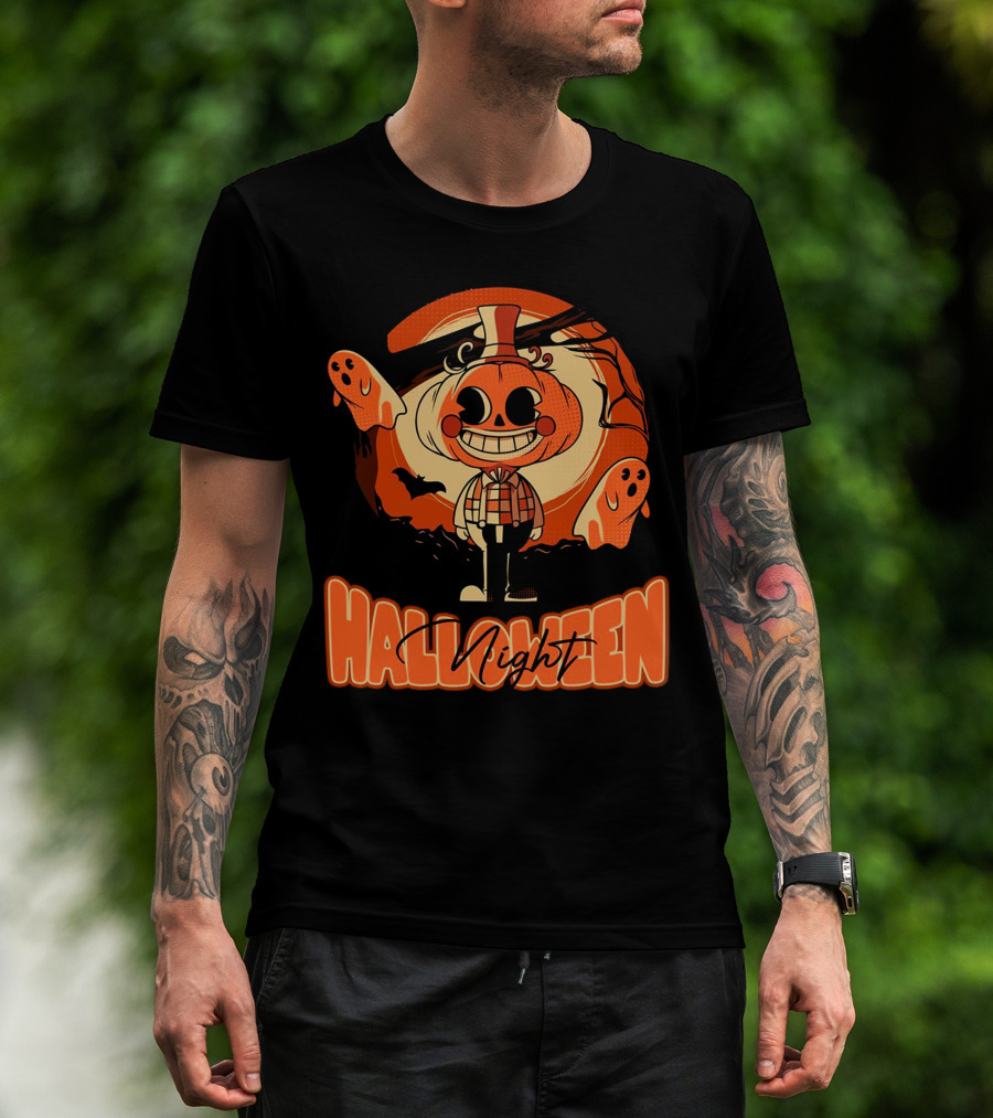 Halloween Night Pumpkin Head Boy With Ghosts And Bats T-Shirt