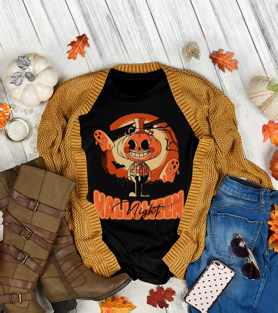 Halloween Night Pumpkin Head Boy with Ghosts and Bats T-Shirt
