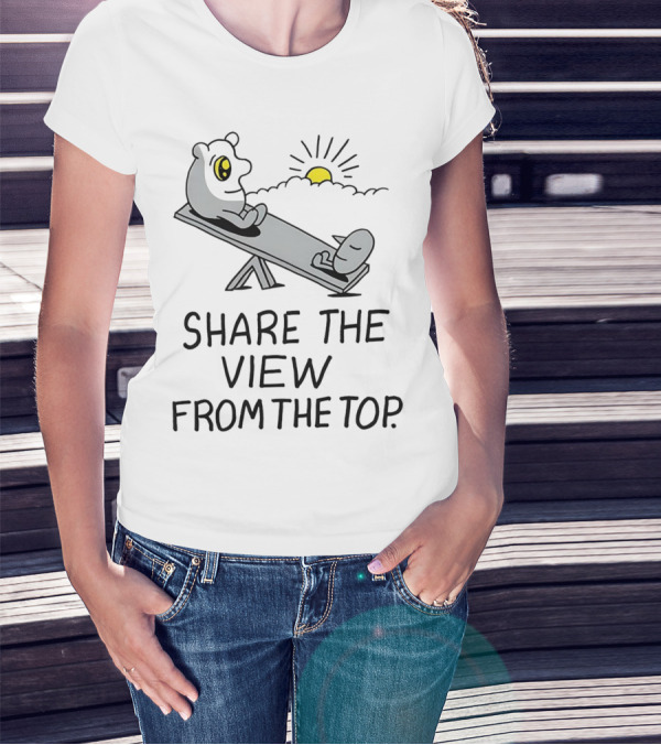 Share The View From The Top - Cartoon Figures On Teeter-Totter With Sunset T-Shirt