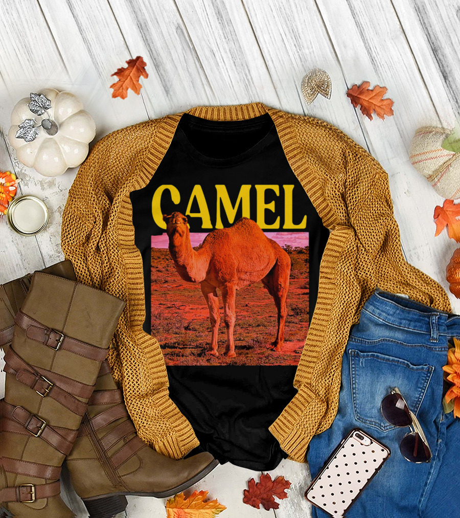 Camel in Vibrant Orange Desert Landscape T-Shirt