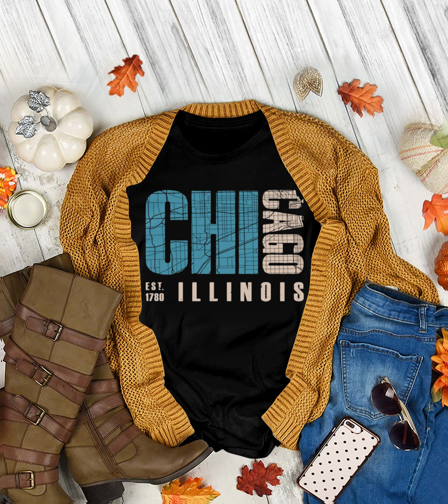 CHI Chicago Illinois Est. 1780 Map Typography T-Shirt