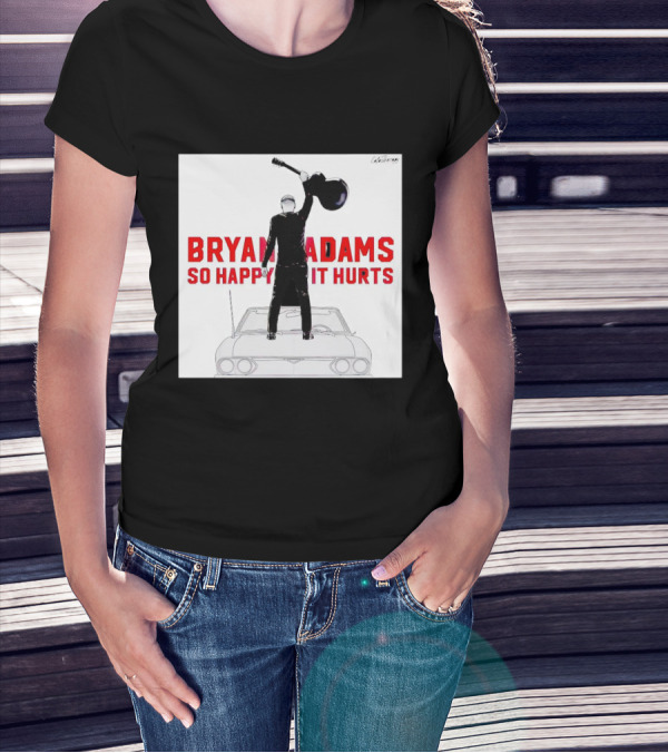 Bryan Adams So Happy It Hurts Album Cover Art Standing On Car With Guitar T-Shirt