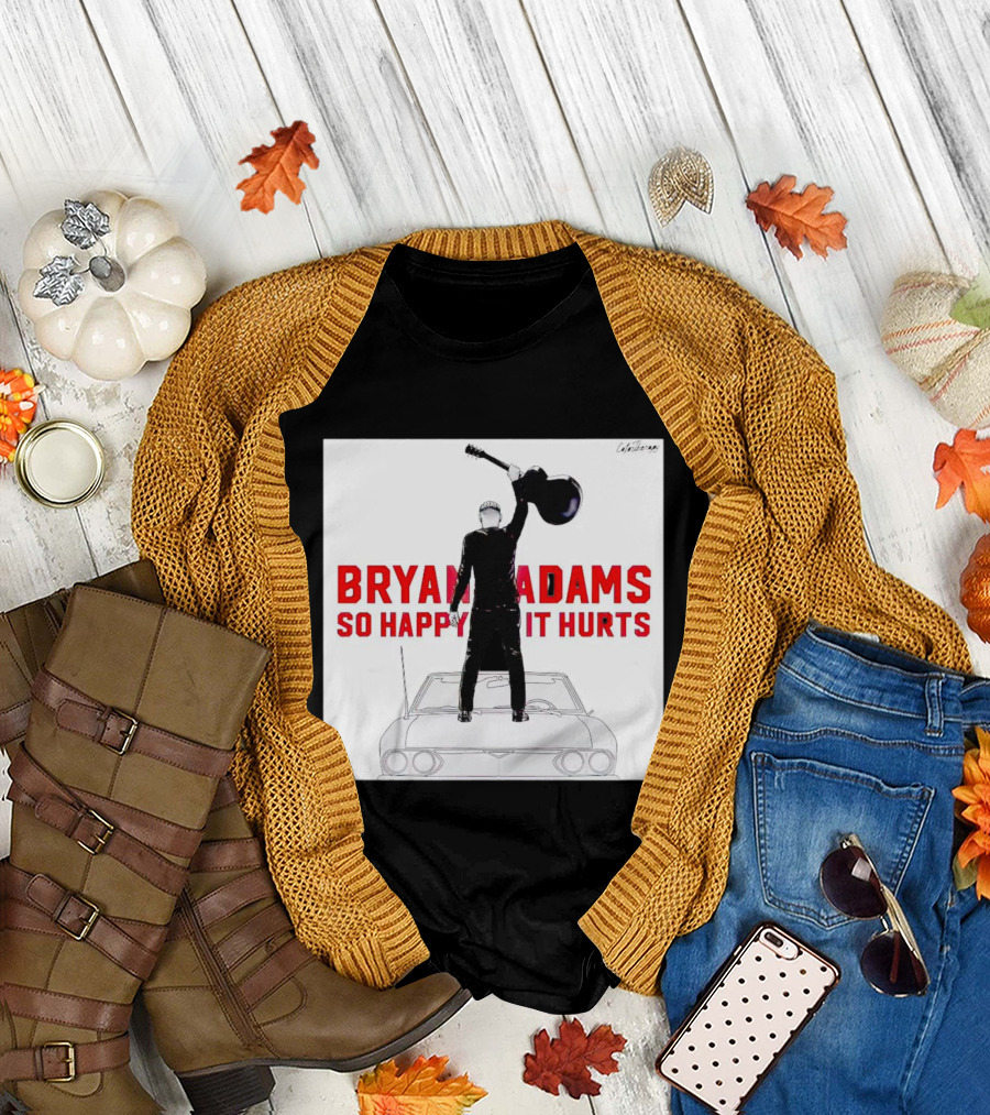 Bryan Adams So Happy It Hurts Album Cover Art Standing on Car with Guitar T-Shirt