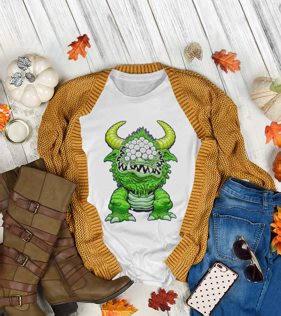 Black Beast of Aaaarrgghh Multi-Eyed Green Monster with Horns T-Shirt