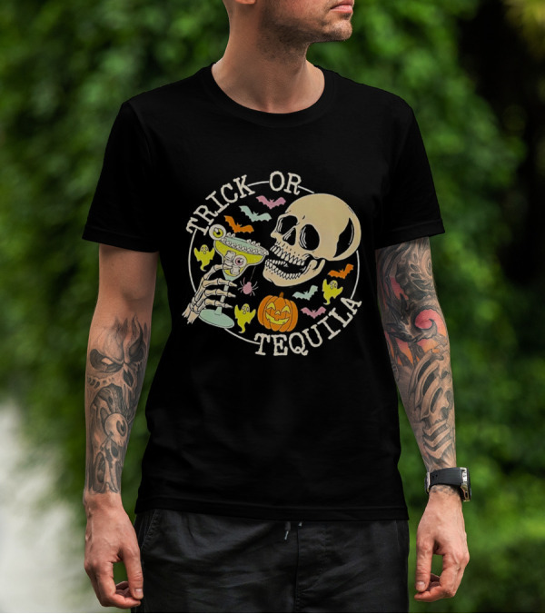 Trick Or Tequila Halloween Skeleton With Margarita, Bats, Ghosts, And Pumpkin T-Shirt