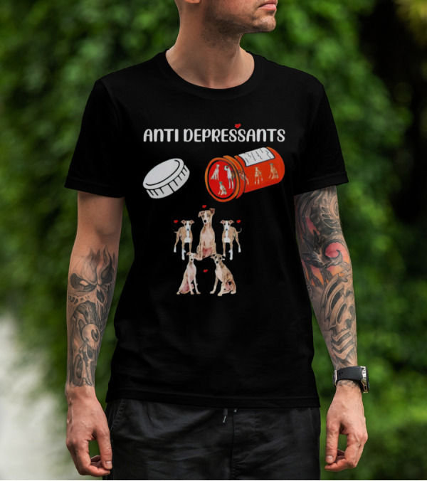 Anti Depressants Dogs Medicine Bottle With Greyhound Puppies T-Shirt