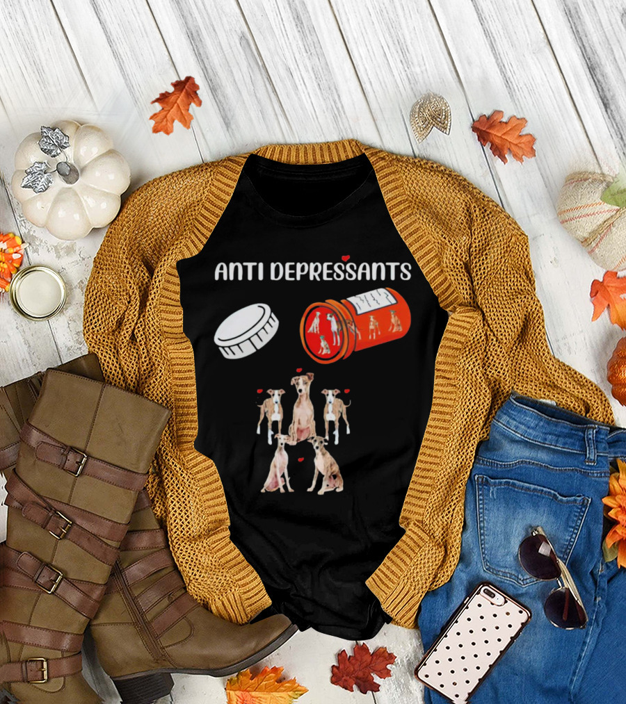 Anti Depressants Dogs Medicine Bottle With Greyhound Puppies T-Shirt