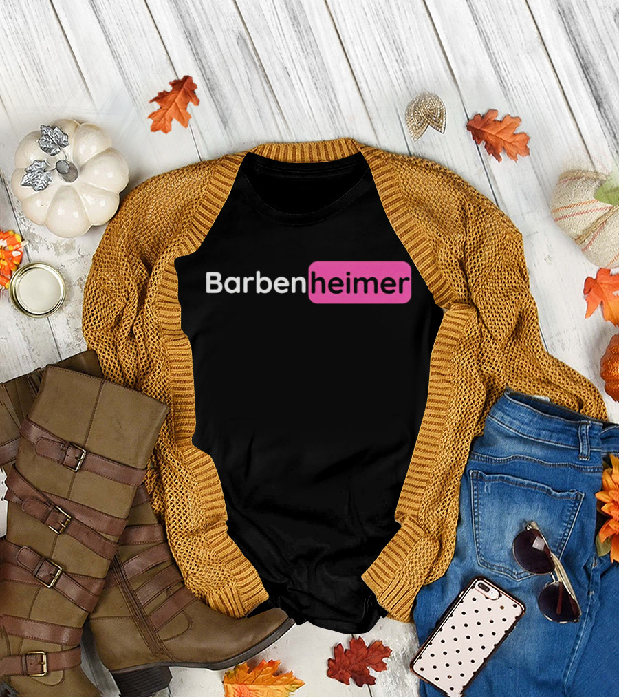 Barbenheimer Text Minimalist Black and Pink T-Shirt