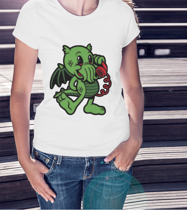 Chubby Cthulhu Phone Call Cartoon With Red Retro Telephone T-Shirt