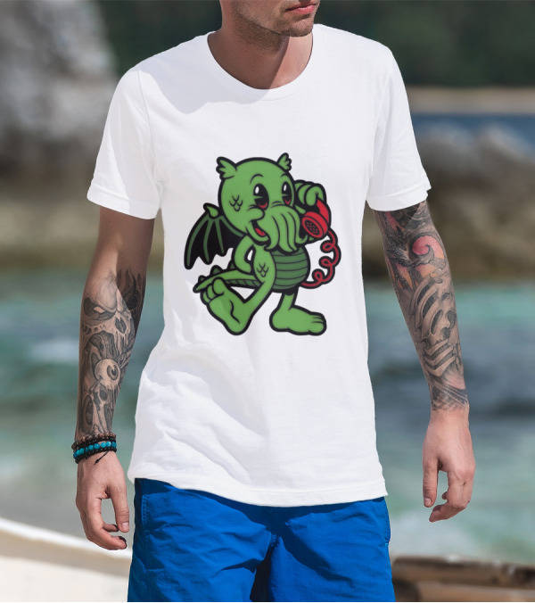 Chubby Cthulhu Phone Call Cartoon With Red Retro Telephone T-Shirt