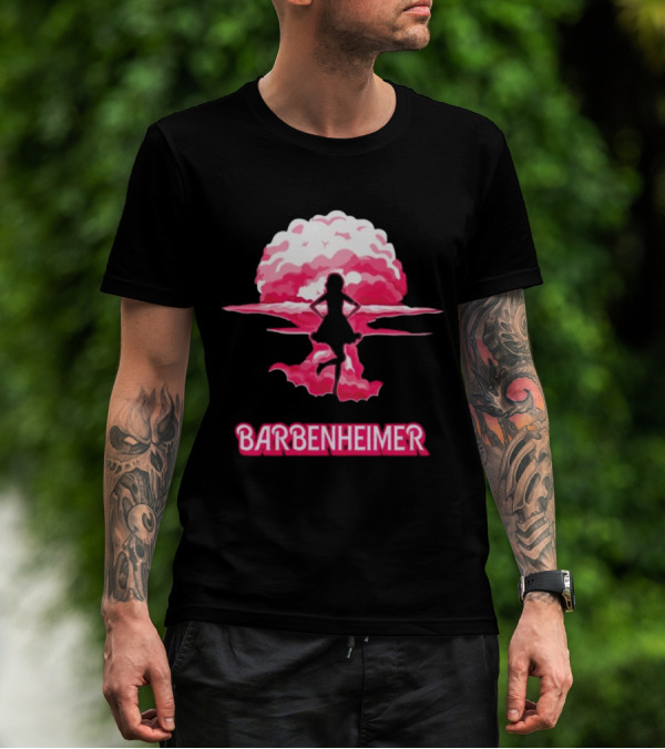 Barbenheimer Fusion Silhouette With Pink Explosion Background T-Shirt