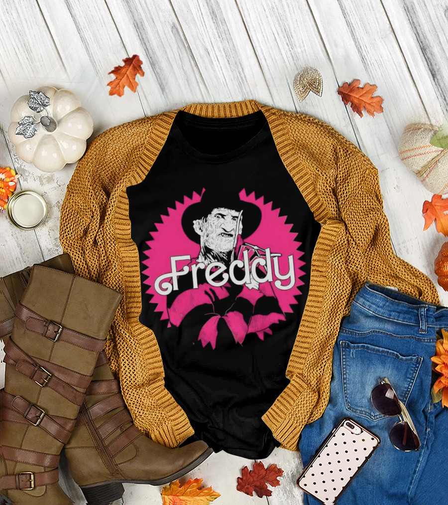 Freddy Krueger Barbie Mashup Graphic Tee Pinkblack Striped Hat T-Shirt