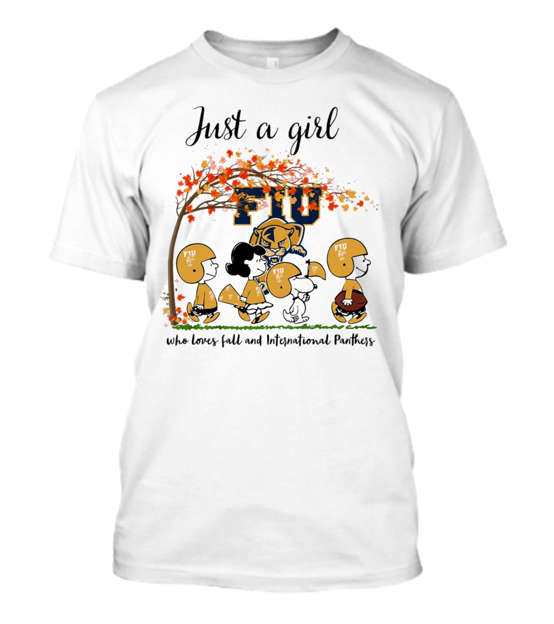 Just A Girl Who Loves Fall And FIU International Panthers Peanuts Cartoon T-Shirt