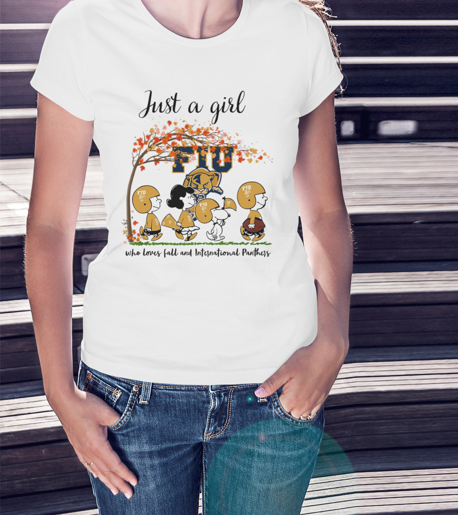 Just A Girl Who Loves Fall And FIU International Panthers Peanuts Cartoon T-Shirt