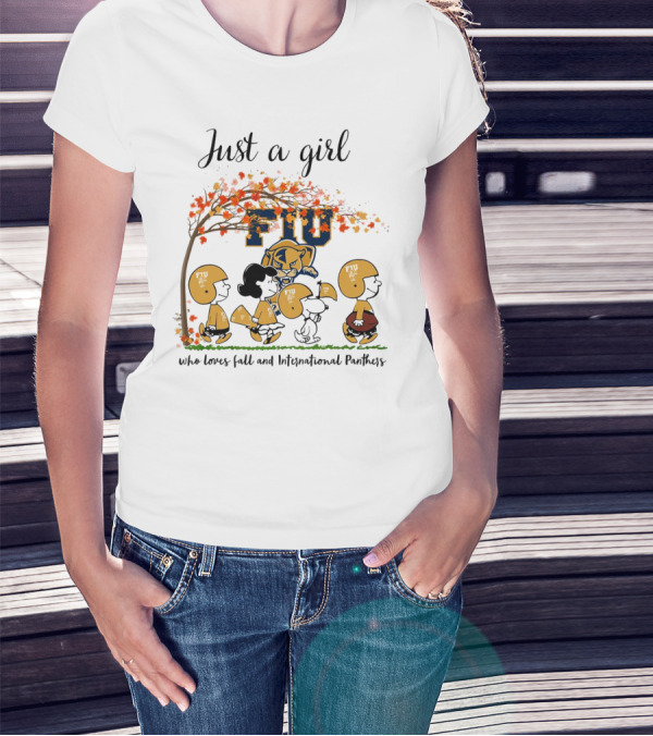 Just A Girl Who Loves Fall And FIU International Panthers Peanuts Cartoon T-Shirt