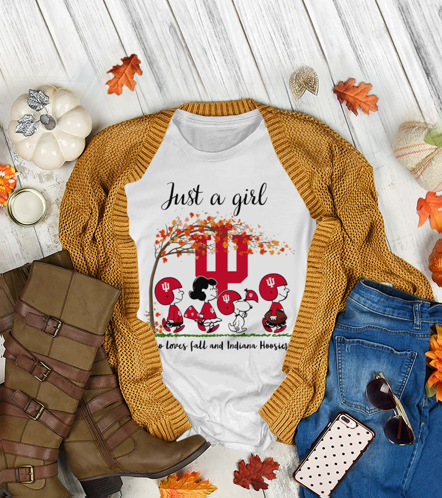 Just A Girl Who Loves Fall and Indiana Hoosiers Peanuts Cartoon T-Shirt