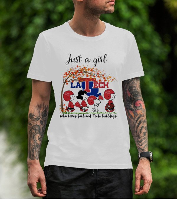 Just A Girl Who Loves Fall And LA Tech Bulldogs Peanuts Cartoon T-Shirt