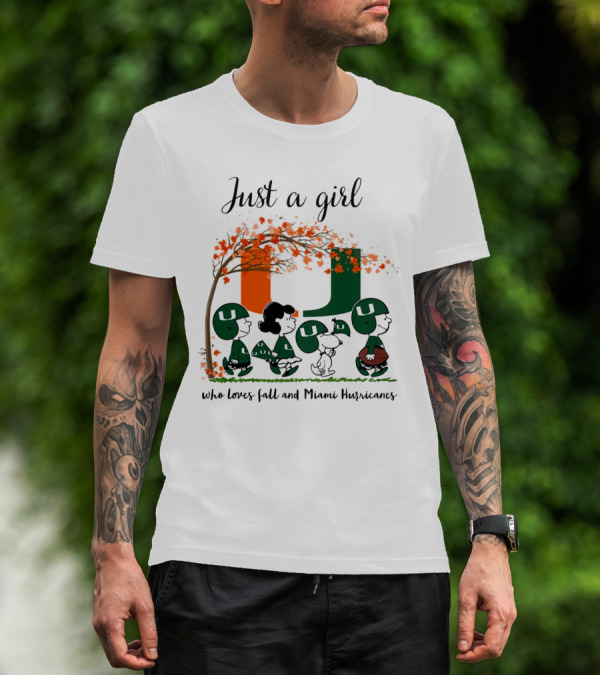 Just A Girl Who Loves Fall And Miami Hurricanes Peanuts Cartoon T-Shirt