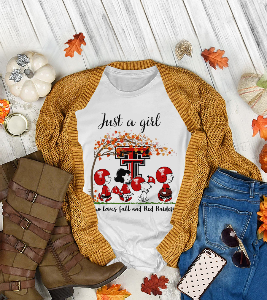 Just a Girl Who Loves Fall and Red Raiders Peanuts Cartoon Football Fans T-Shirt