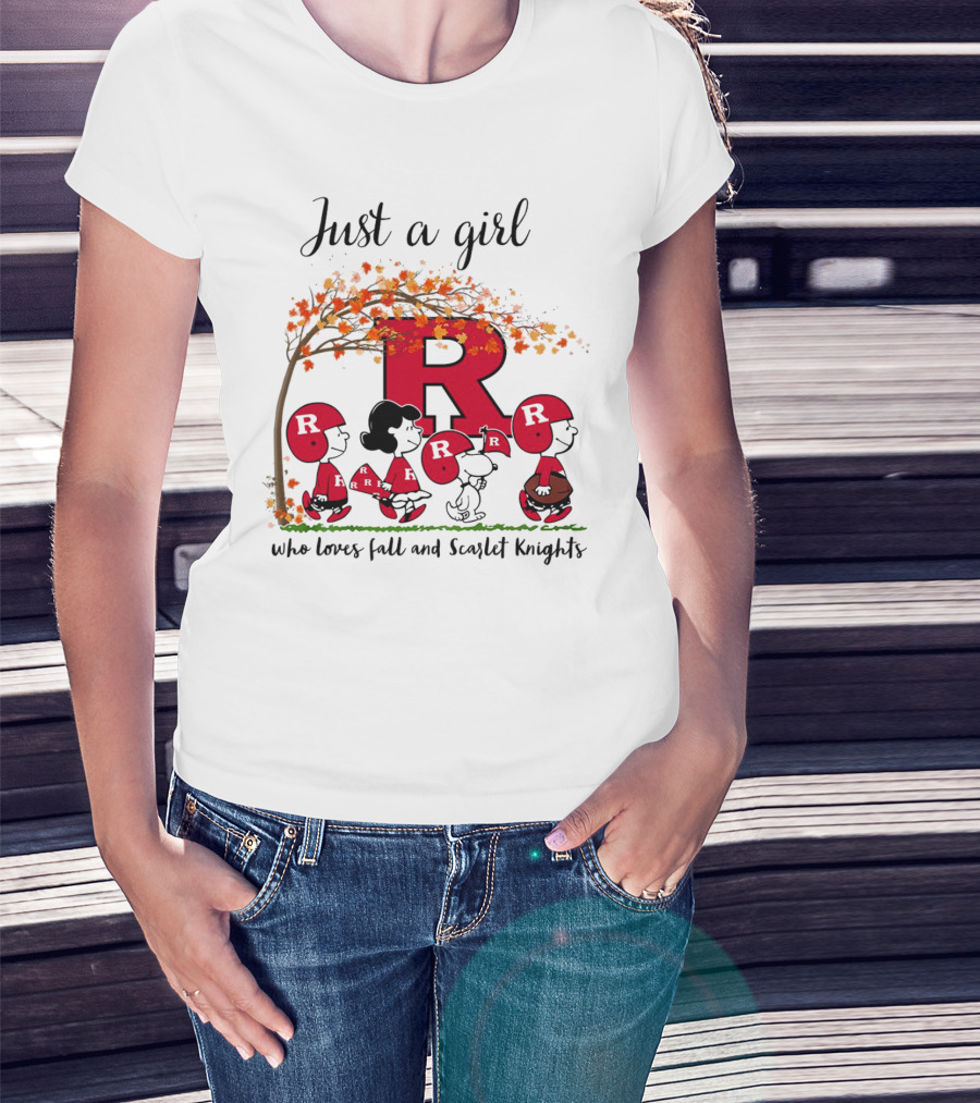 Just A Girl Who Loves Fall Scarlet Knights Peanuts Cartoon T-Shirt