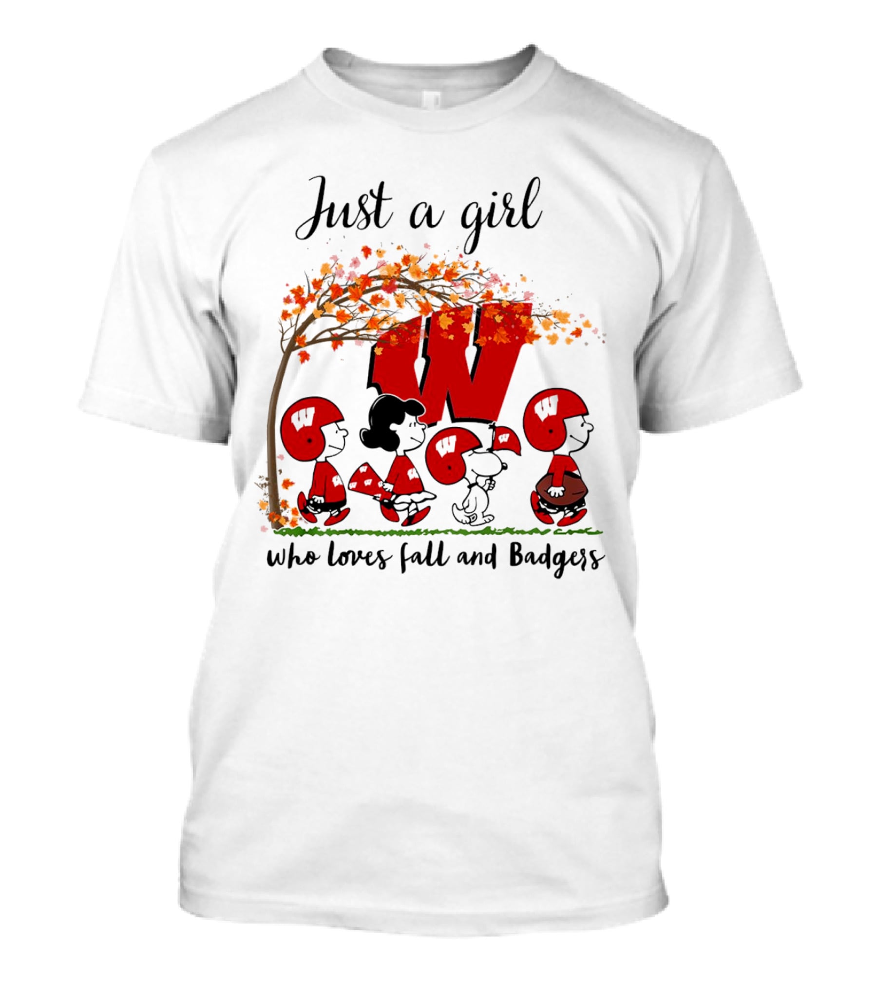 Just A Girl Who Loves Fall And Wisconsin Badgers Peanuts Cartoon T-Shirt